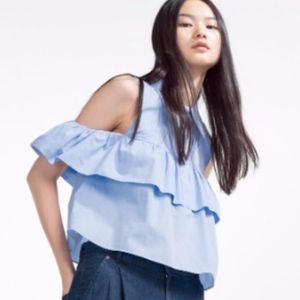 Zara Cut Out Shoulder Ruffle Top Blue Small